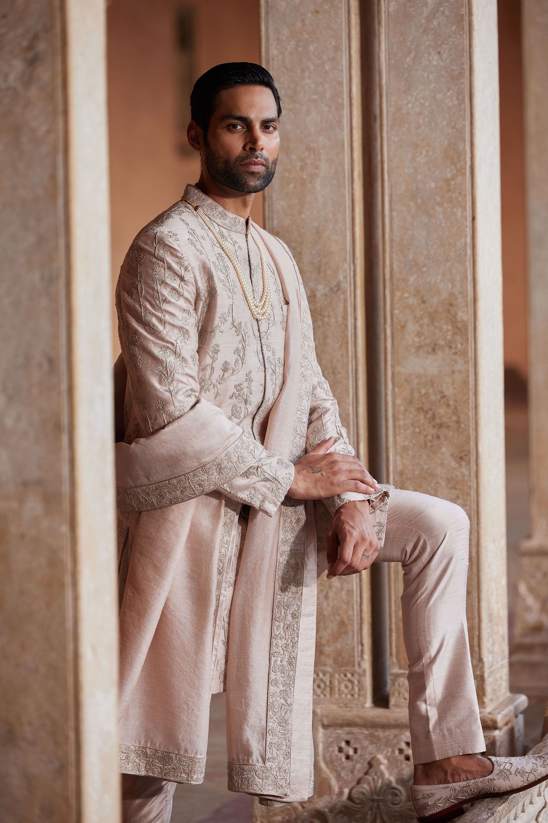 Ahmar Hand-embroidered Silk Sherwani - Salmon, Salmon, image 5